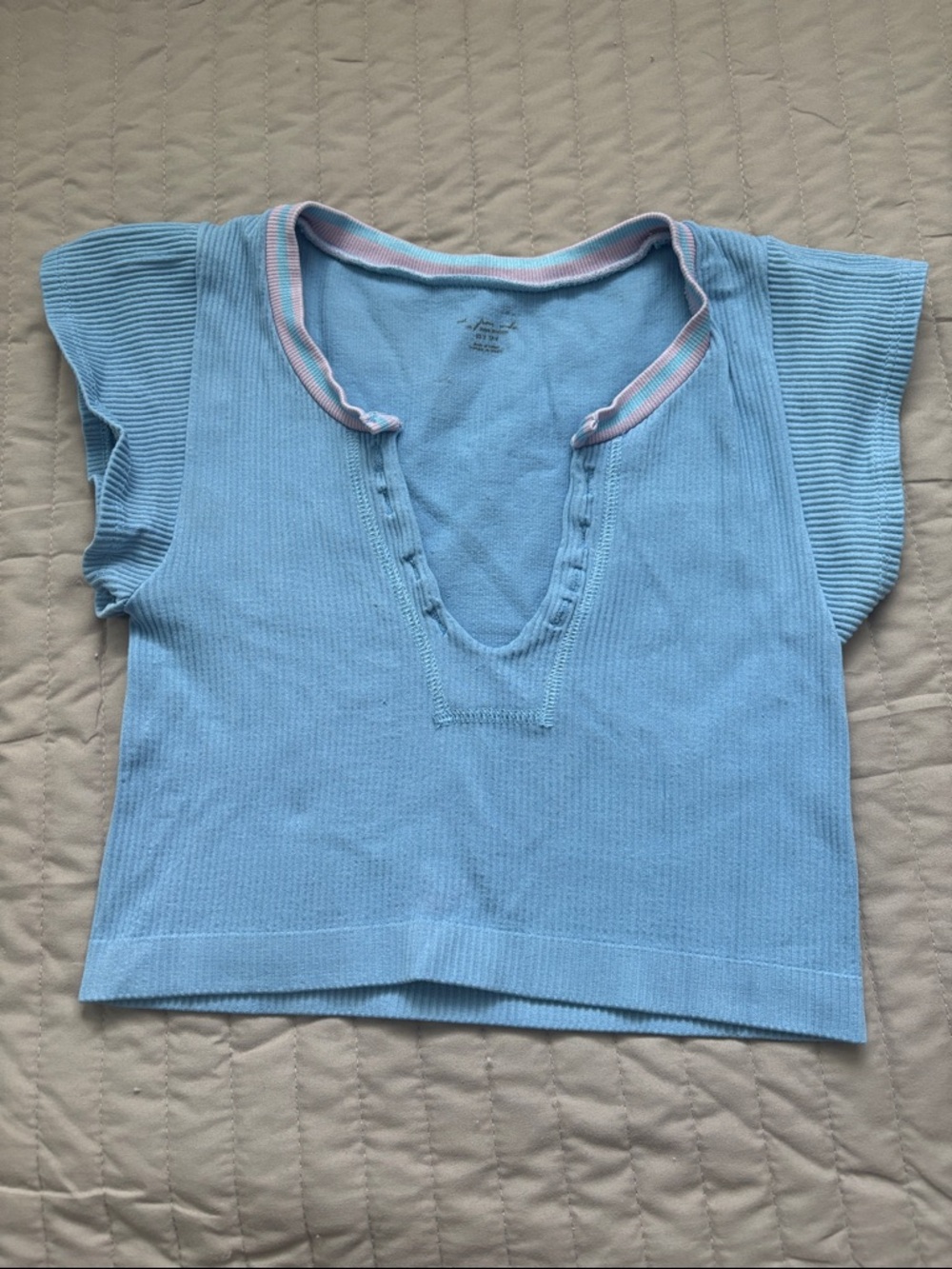 Urban Outfitters Light Blue Ribbed Crop Top with Pink Trim